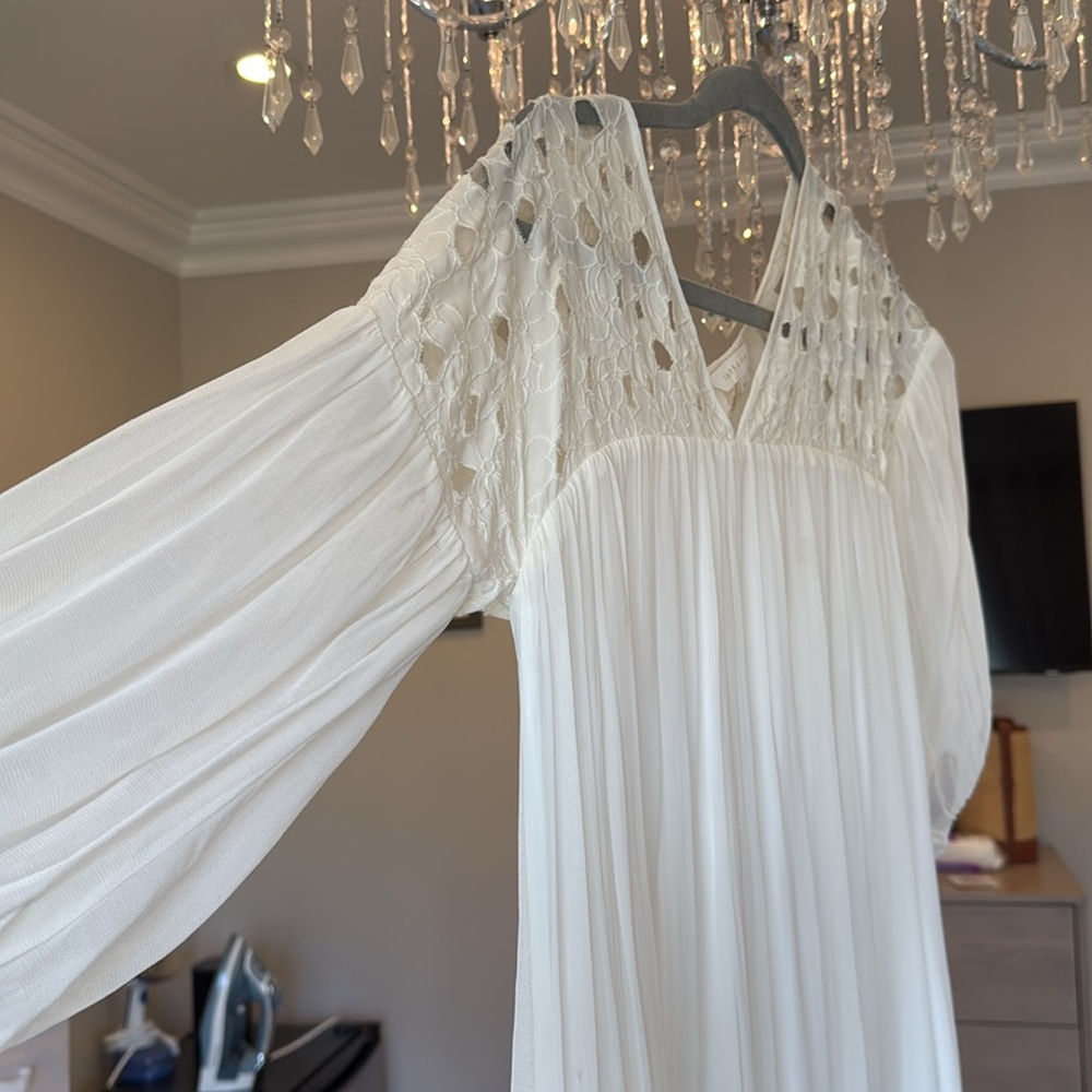 Intropia Floral Lace Chiffon 3/4 Sleeve Bohemian Ivory White Maxi Dress 34/US2